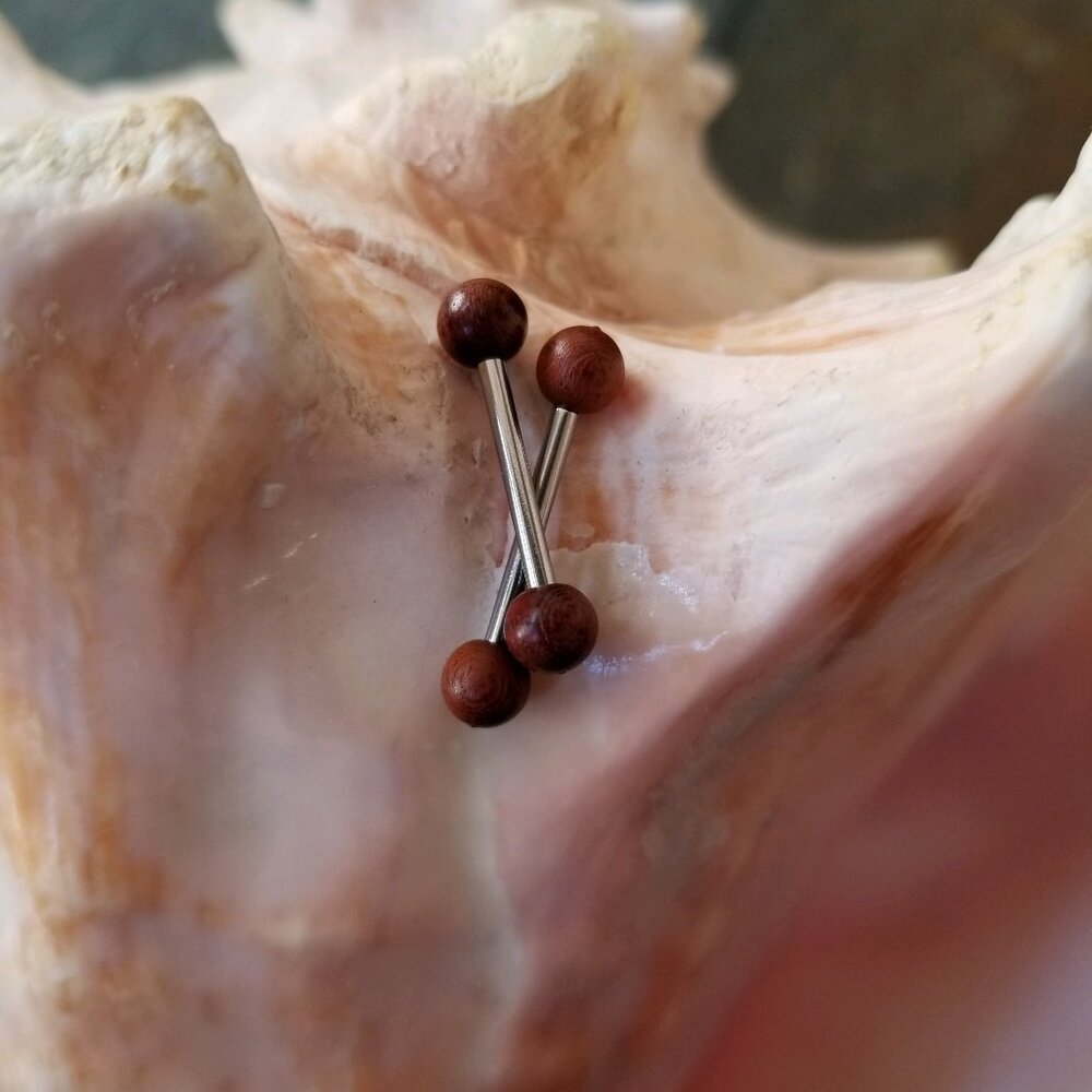 PAIR cherry wood ball ends nipple bars 14G externally threaded NWT